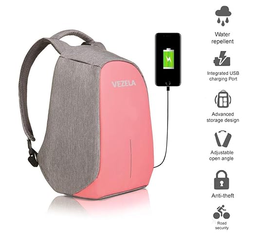 Vezela College Backpack, Business Laptop Backpack, Anti-Theft Water Resistant Backpack with USB Charging Port, Lightweight Travel Bag for Student, Backpack for Men & Women (Pink)
