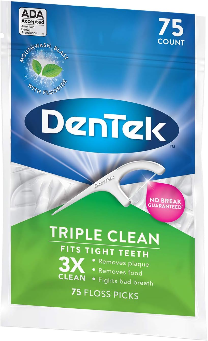 DenTek Triple Clean Advanced Clean Floss Picks, No Break & No Shred Floss, 75 Count, 3 Pack, Blue Green, 75 count (Pack of 3) - Image 5