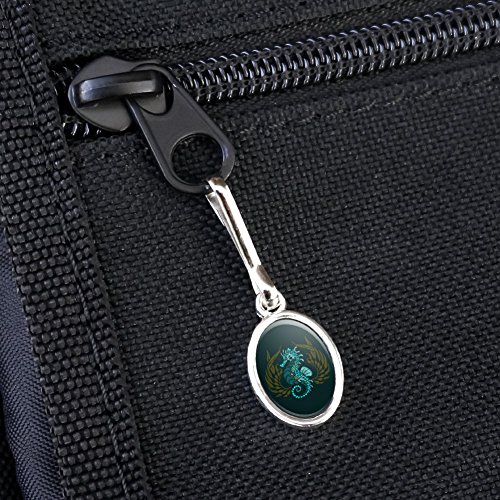 Blue Seahorse with Kelp Antiqued Oval Charm Clothes Purse Suitcase Backpack Zipper Pull Aid