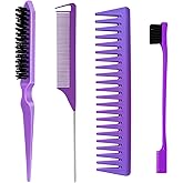 Hair Styling Set for Women, Girls & Kids: Teasing Brush, Rat Tail Comb, Edge Brush for Braiding & Backcombing Styling (Purple