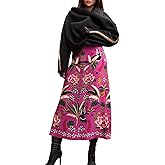 XWEAIJ A Line Midi Skirts for Women Floral Satin Boho Wrap Pink High Waist Zipper Spring Summer Skirt