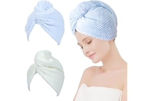MaopaoBeauty 2 Pack Microfiber Dry Hair Cap for Women Long Hair 10X 26 Inch Breathable and Comfortable Hair Towel Wrap with Double Buttons to Dry All Wet Hair Style Quickly (Beige+Blue)