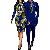 SkyWish African Print Dresses for Women Matching Couple Outfits Men Clothes Jacket and Pant Sets Party Wear