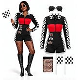 lorekit Race Car Driver Costume Women, Retro Racing Jumpsuit for Halloween | Racing Costume Set with Jumpsuit, Fishnet Tights, Glasses and 2 Black-and-White Checkered Flags for Women