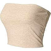 MixMatchy Women's Casual Basic Strapless Crop Tube Top Ribbed Knit Bandeau Top Summer Skinny Shirt Oatmeal L