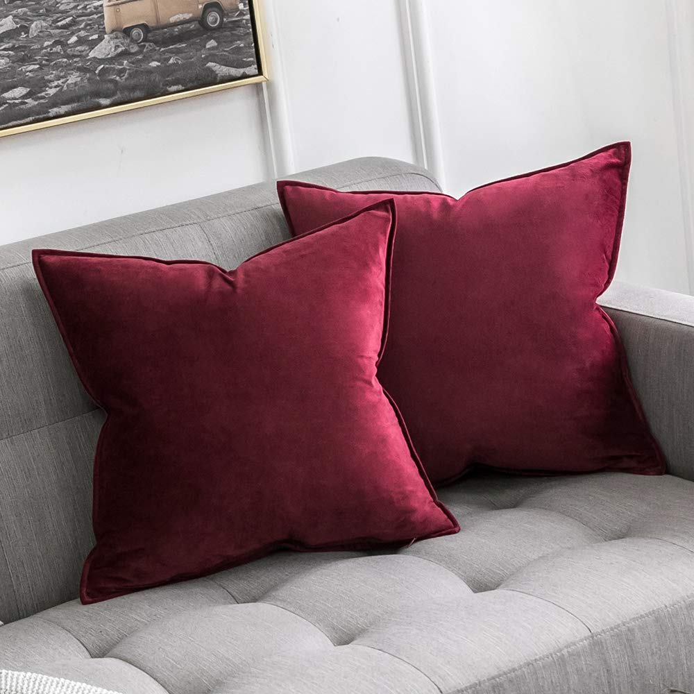 MIULEE Velvet Cushion Covers 40cm x 40cm Wine Red Decorative Square Throw Pillow Covers Flanges Pillowcases Soft for Livingroom Sofa Bedroom with Invisible Zipper 16 x 16 Inch Pack of 2