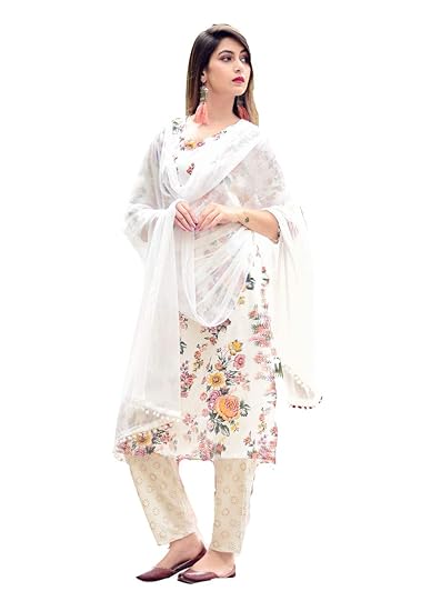 Women's Rayon Multicolor Floral Print Straight Kurti, Pant and Dupatta Set - Medium (38)