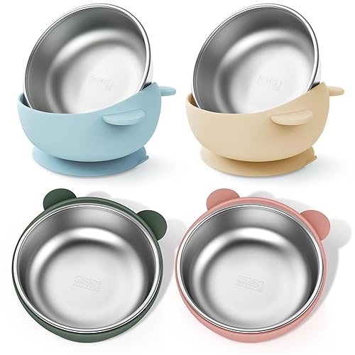 Bakpoco Stainless Steel Baby Bowls with Suction, 2-in-1 SUS304 Toddlers Bowl & Removable Silicone Suction Kids Bowl, Anti Scald Non Toxic Snack Container for Baby Food Feeding, Morandi Set of 4