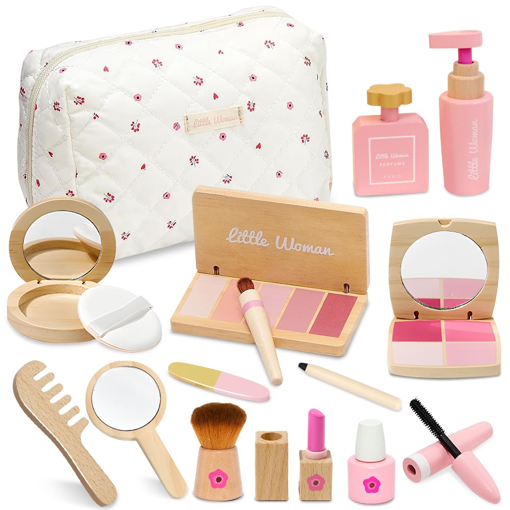 Wooden Kids Makeup Sets for Girls, 15PCS Pretend Makeup Sets for Girls with Eyeshadow Mascara Perfume Blush Mirror & Bag, Wooden Pretend Play Role Play Toys, Christmas Birthday Gifts for Kids