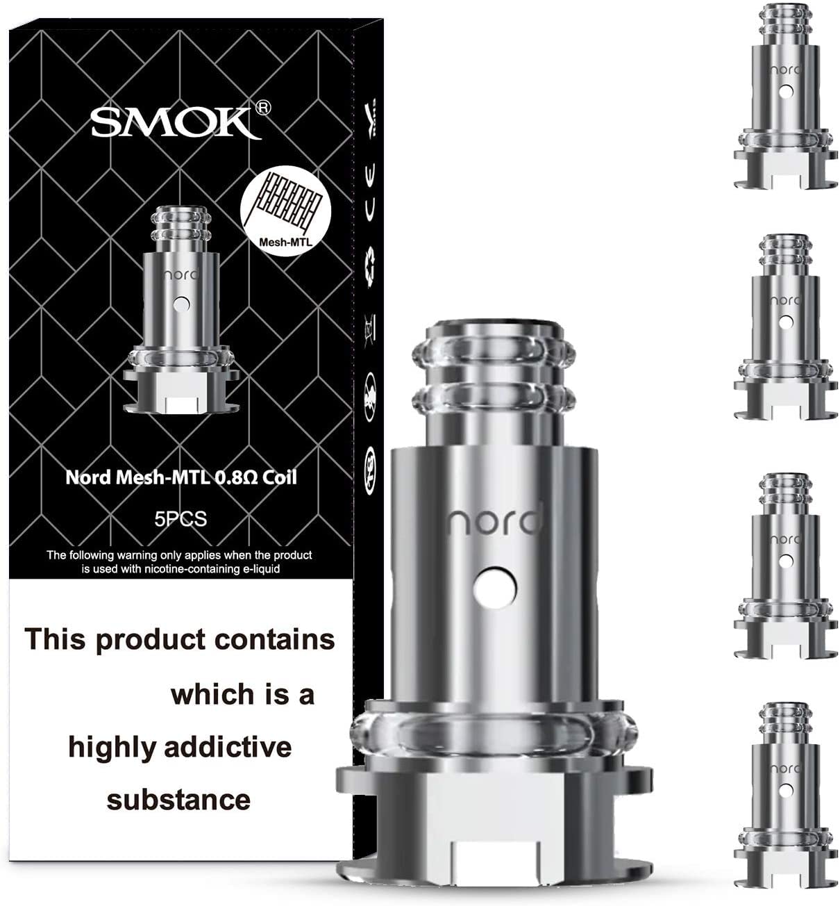 SMOK Nord Replacement Coils, Mesh, 0.8 Ohm, MTL, 16W Best, Compatible With Priv N19 Kit and Nord POD Series, SMOK Vaping Coils, Pack of 5, No Nicotine