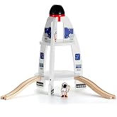 SainSmart Jr. Wooden Train Track Accessory, Space Launcher Rocket Ship Play Set with Astronauts, Compatible with Brio, Thomas, Melissa and Doug