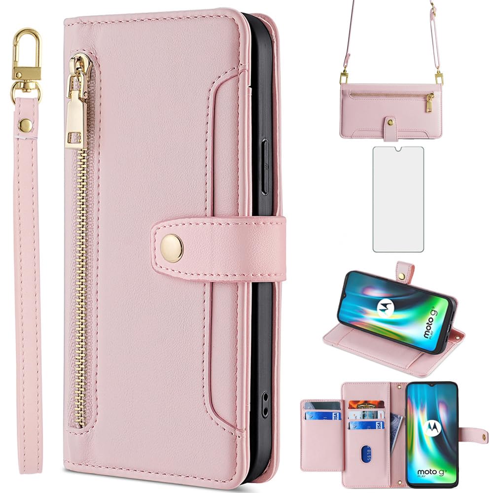 Asuwish Phone Case for Motorola Moto G9 Play/G 9/E7 Plus Wallet Cover and Screen Protector Zipper Card Holder Slot Stand Leather Magnetic Accessories MotoG9Play 9G G9Play E7+ E7Plus 4G Women Rose Gold