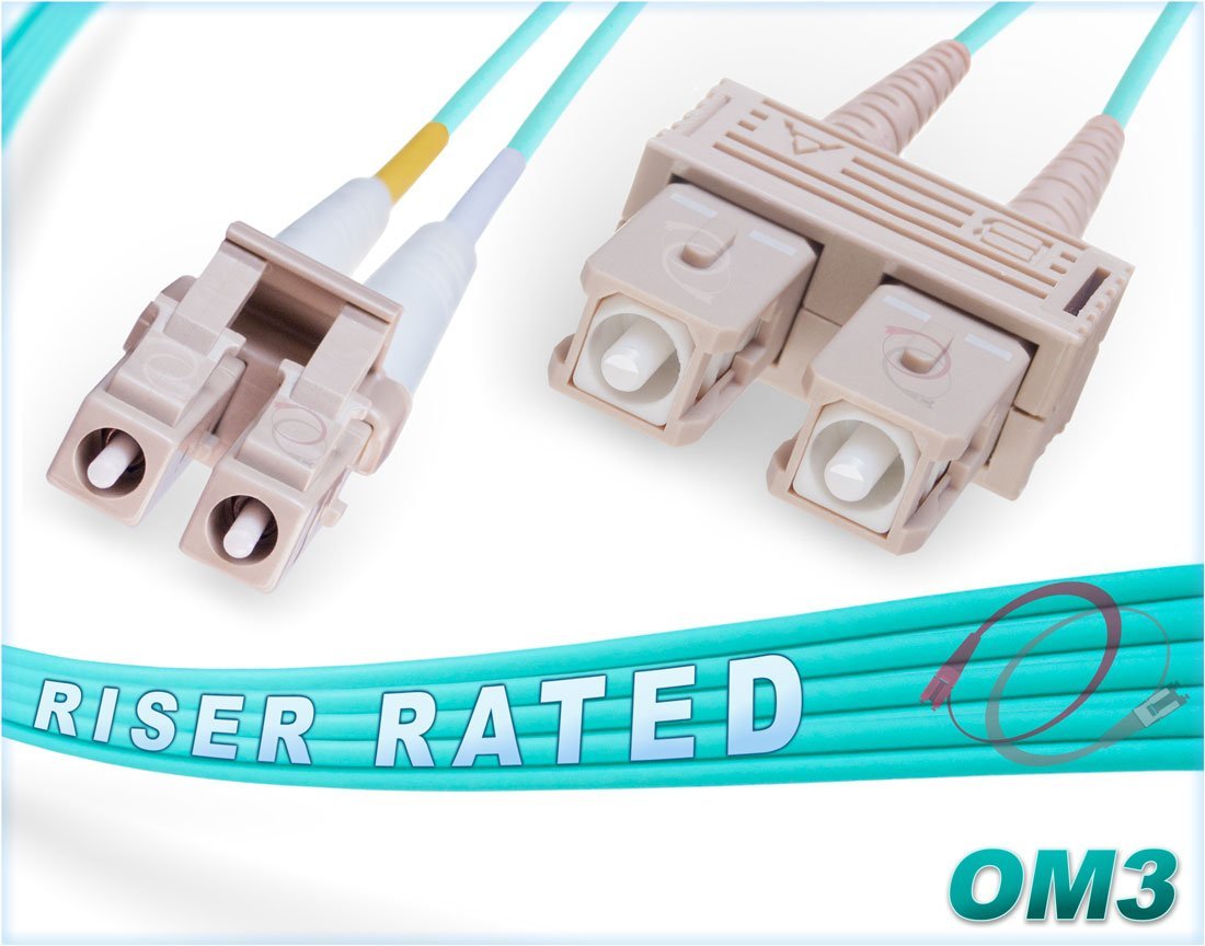 FiberCablesDirect - 50M OM3 LC SC Fiber Patch Cable | 10Gb Duplex 50/125 LC to SC Multimode Jumper 50 Meter (164ft) | Length Options: 0.5M-300M | ofnr lc-sc dx mmf 10gbase sfp+ sr Aqua zipcord