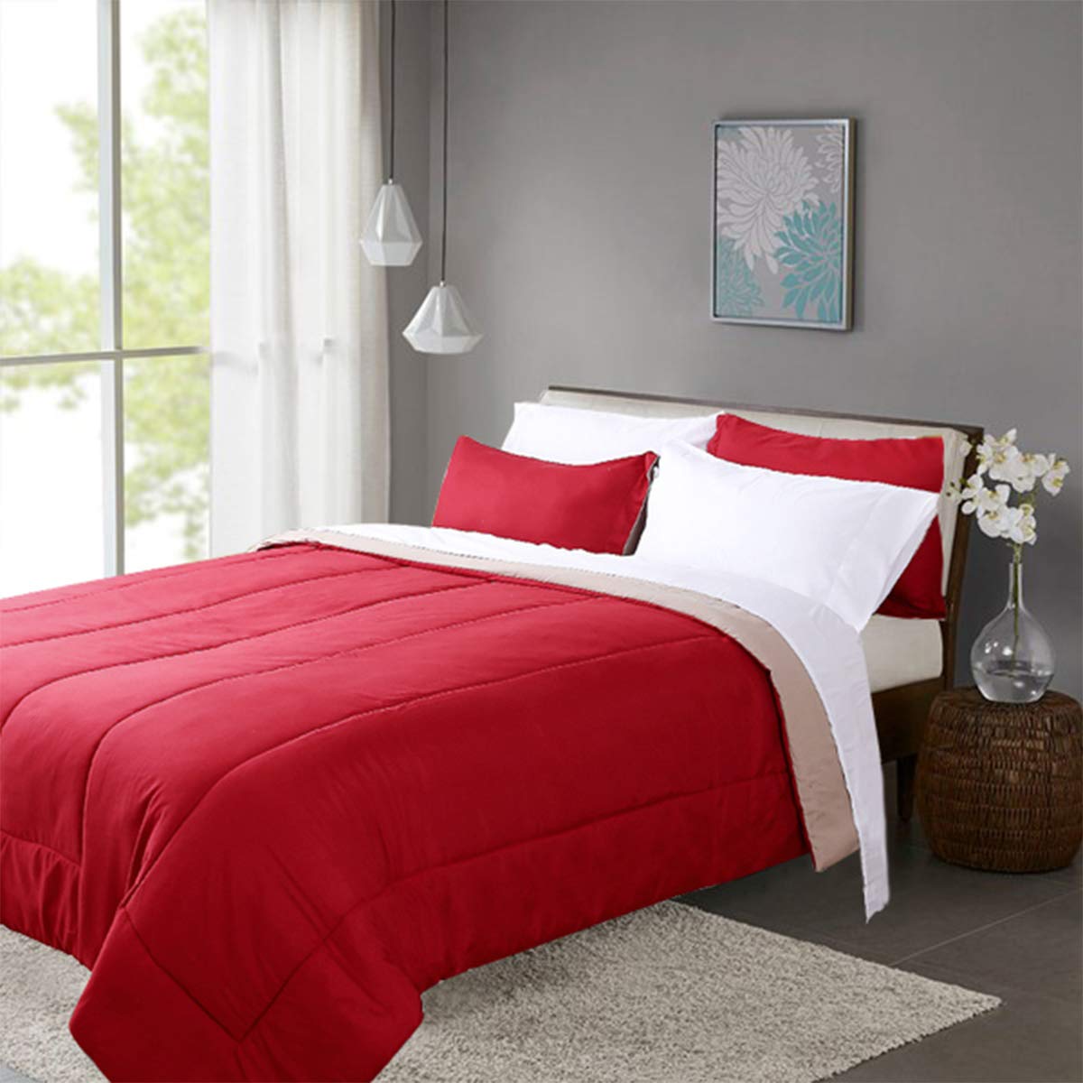 HONEYMOON HOME FASHIONS Queen Reversible Comforter Set, 3 Pieces, Red and Tan
