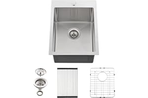 EcoChannels Drop In Kitchen Sink, 15 x 20 x 10 Inch 16 Gauge Single Bowl Topmount Wet Bar Sink T-304 Stainless Steel RV Kitchen Sinks