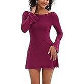 Topcloset Women's Fall Long Sleeve Mini Dress Boat Neck Going Out Cocktail Bell Sleeve Dresses Date Night Outfits