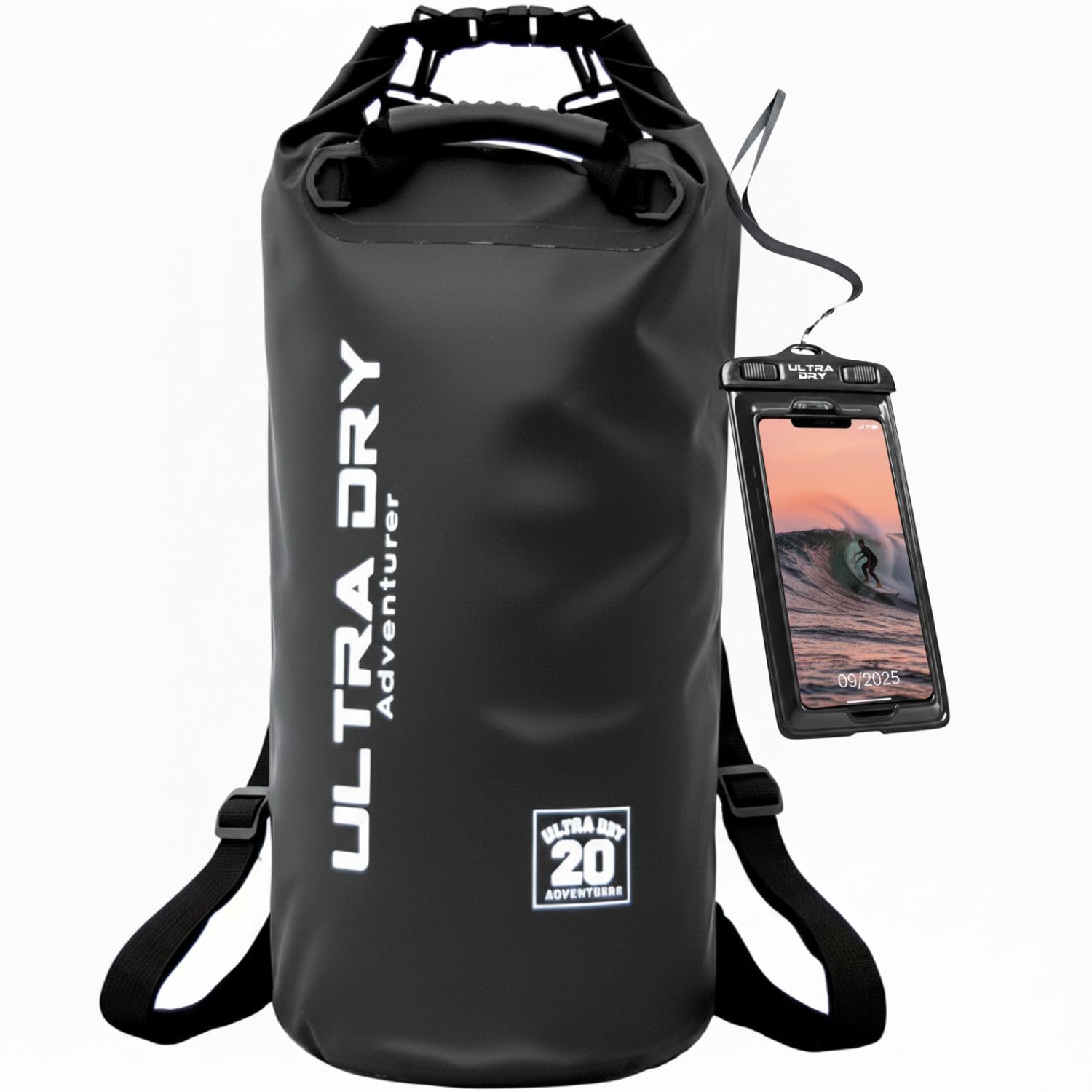 Premium Waterproof Bag, Sack with Phone Dry Bag and Long Adjustable Shoulder Strap Included, Perfect for Kayaking/Boating/Canoeing/Fishing/Rafting/Swimming/Camping/Snowboarding (Black, 20 L)