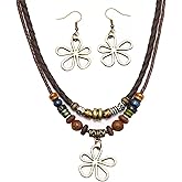 HELYKAKA Layered Boho Wood Bead Choker Necklaces Western Wooden Pendant Necklace Earrings Hollow Flower Charm Personality Jewelry Set for Men and Women