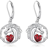 Horse Earrings for Women 925 Sterling Silver Horse with Heart Cut Red Garnet Drop Dangle Earrings