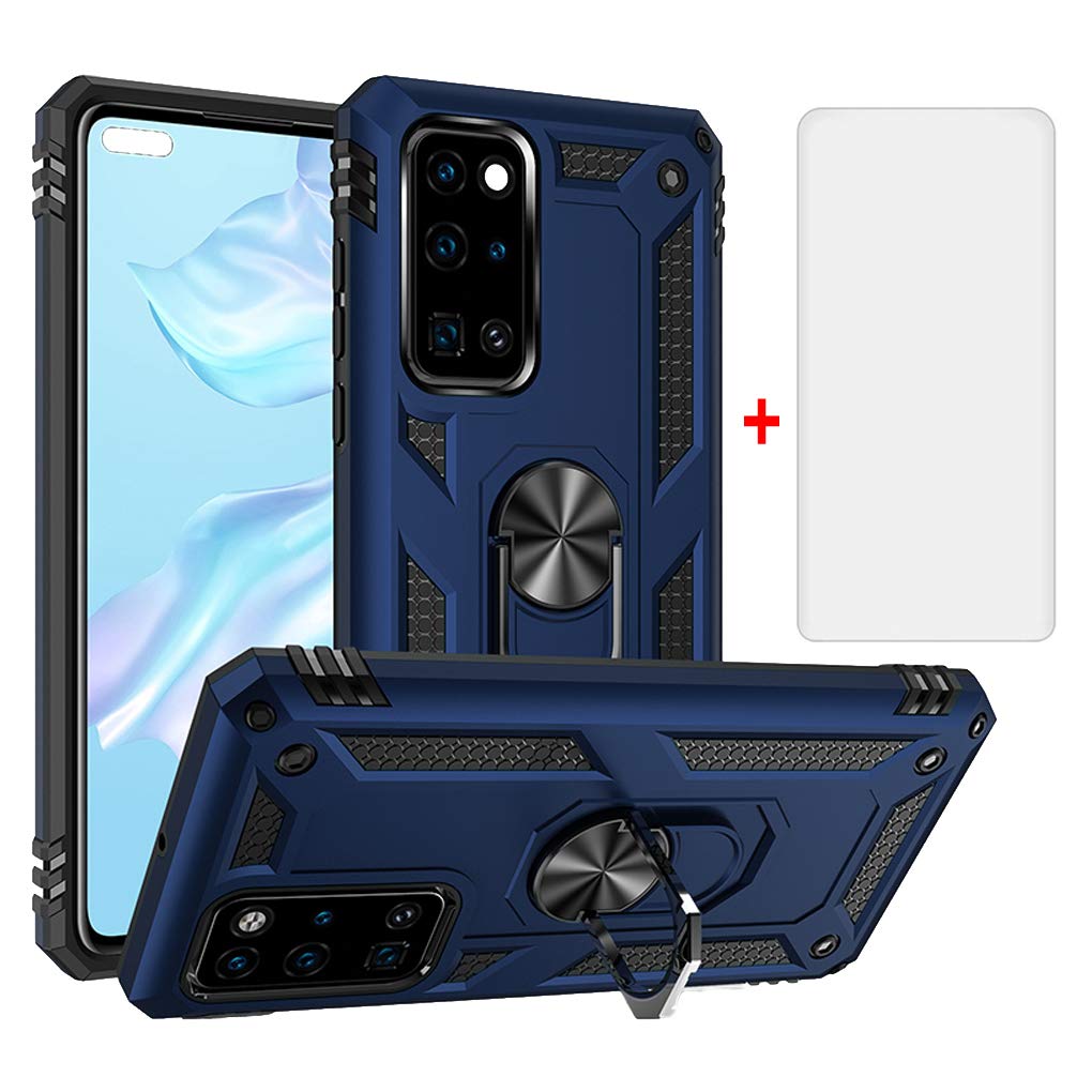 Phone Case for Huawei P40 with Tempered Glass Screen Protector Cover Stand Ring Rugged Silicone Holder Hard Shockproof Heavy Duty Accessories Magnetic Metal huawei Hawaii Hwauei Haweii P 40 Men Blue