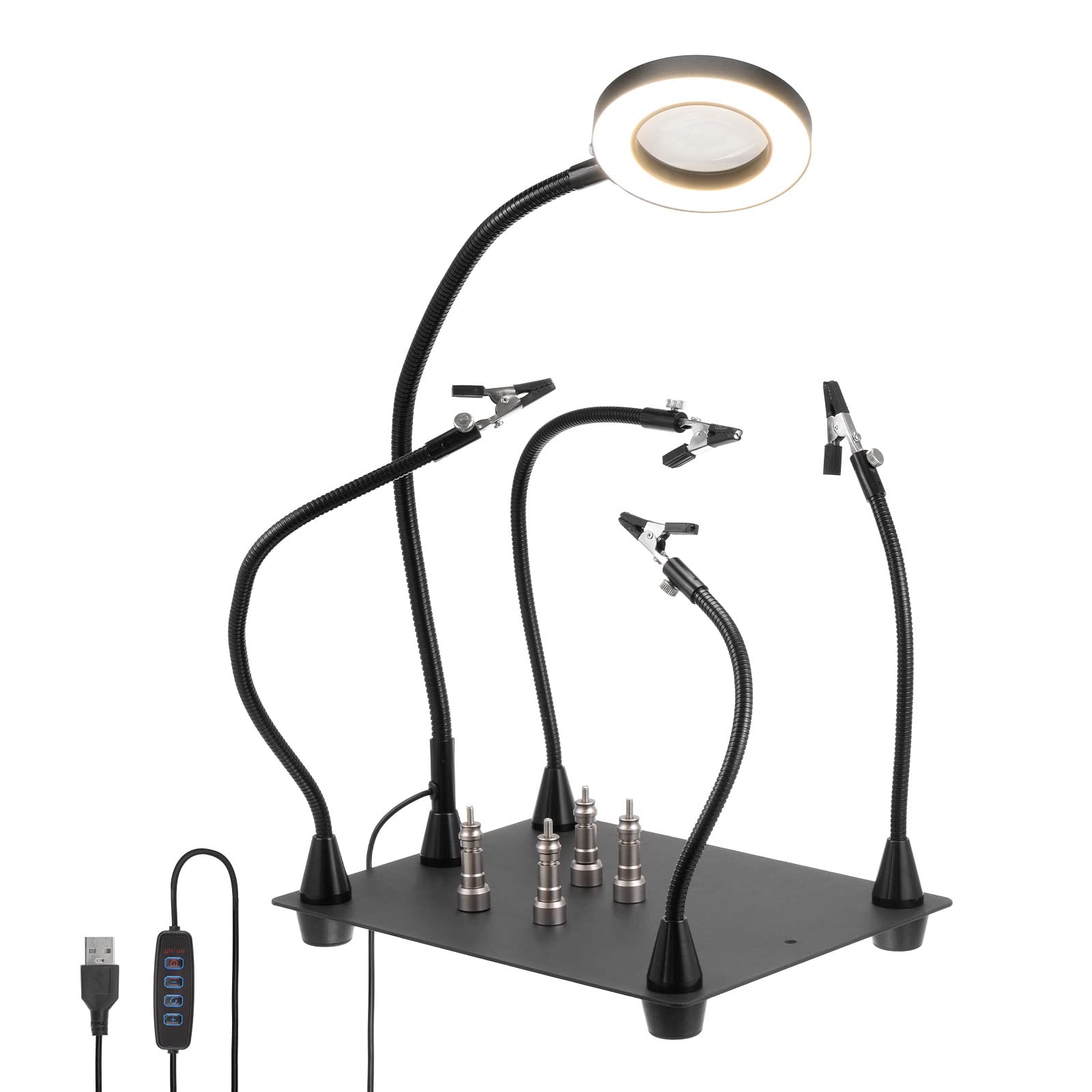 PATIKIL Helping Hands Soldering, Soldering Helping Hand with 4 Magnetic Arms Magnifying Glass and Light 3X Magnifier Lamp Holder Soldering Station Aid Tool Third Hand for PCB Crafts Repair