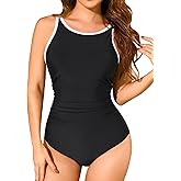 Smismivo Women's High Neck Tummy Control One Piece Swimsuits Modest Slimming Bathing Suit Color Block Removable Padded 2025