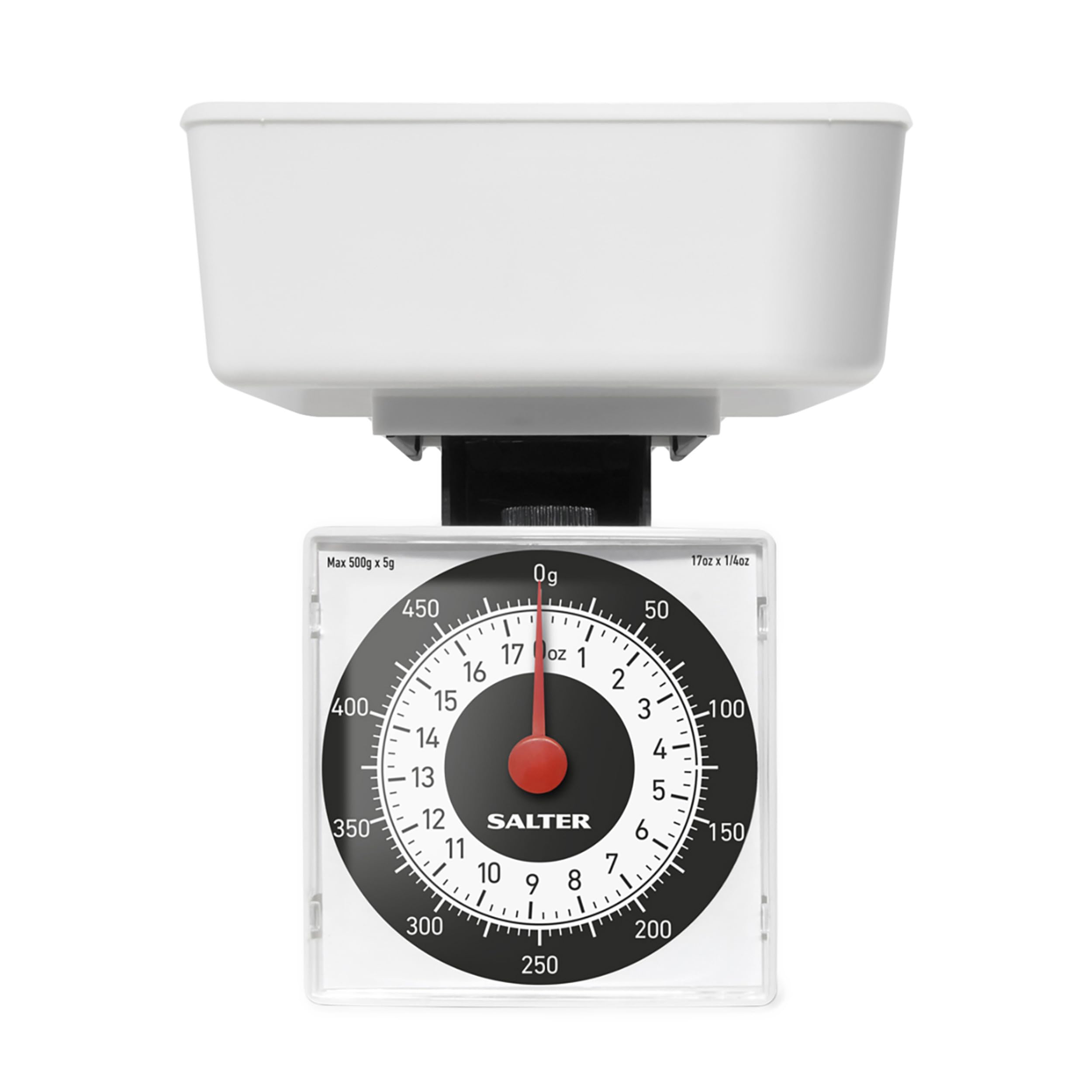 Salter Dietary Mechanical Kitchen Scale, Small/Compact for Travel, 500g Capacity, Measuring 5g Increments, Precise Portion Control Food Weighing Scales, No Batteries, White, 15 Year Guarantee