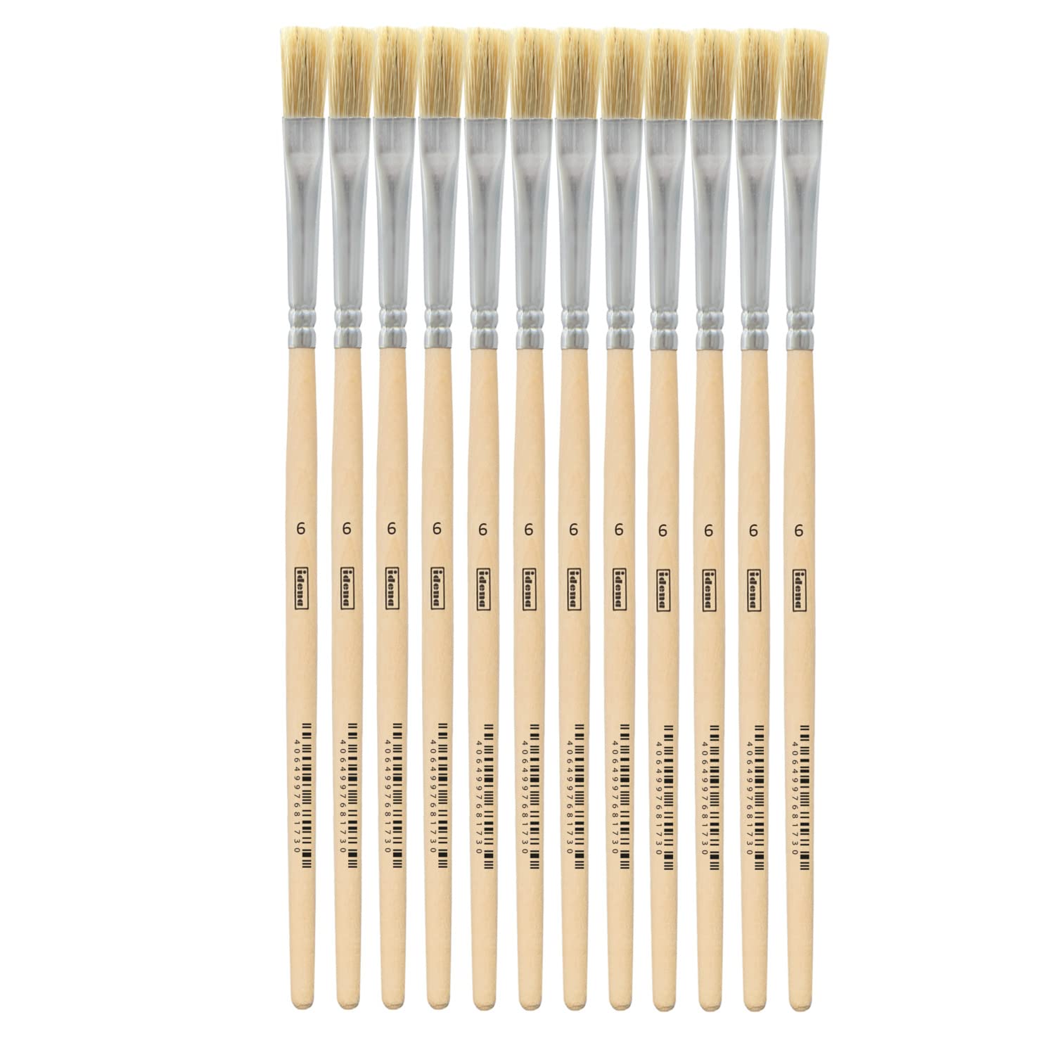 Idena 90095 Bristle Brush, Size 6, with Unpainted Wooden Handle, Set of 12, Painting Brushes for School Children Hobby Artists