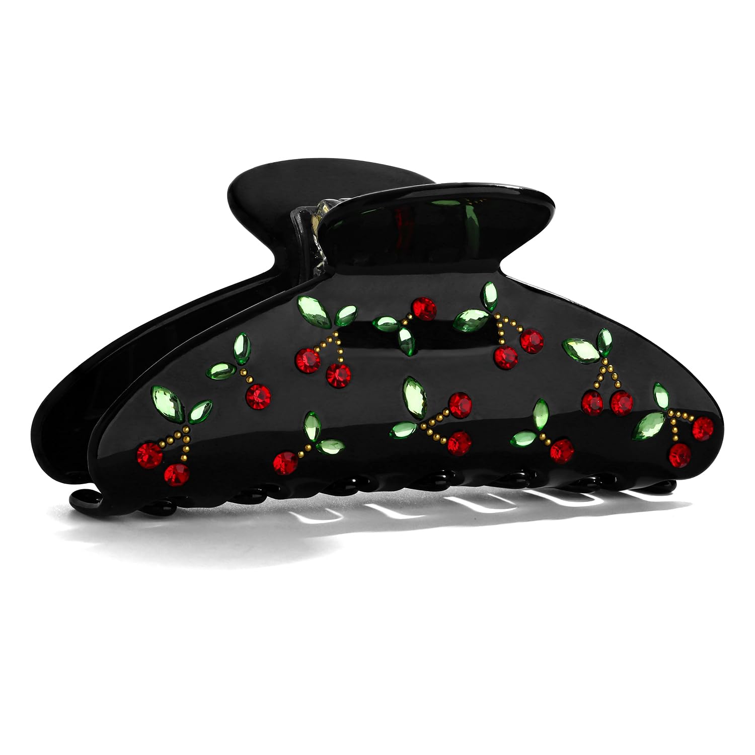 LILIE&WHITE Black Cherry Hair Clip – Elegant Black Claw Clip with Red Cherry Rhinestone and Green Leaf Detailing, Durable, Hypoallergenic Hair Accessory, Gift for Women
