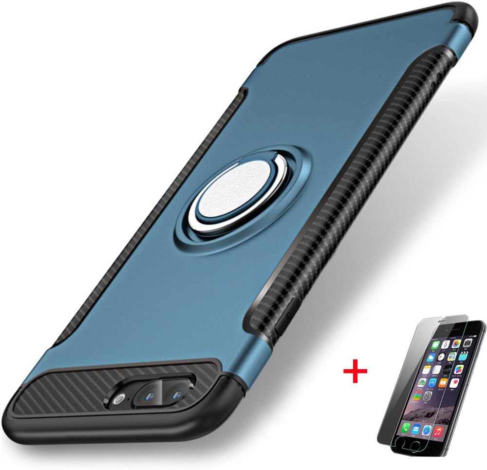 iPhone 8 Plus case, iPhone 7 plus case, Hard PC + Carbon Fiber Hybrid Back Cover Skin For apple iPhone 8 plus iphone 7plus, with Ring Holder, and HD Tempered Glass Screen Protector(blue for iphone 7/8 plus)