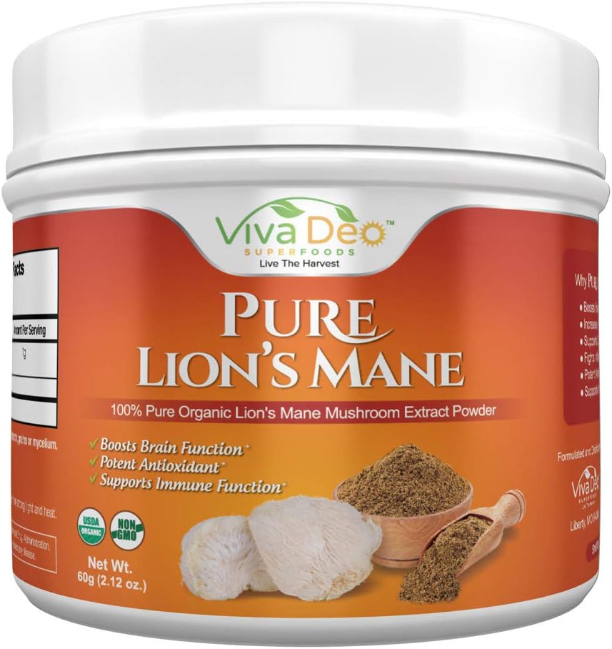 Organic Lions Mane Mushroom Extract - VIVA DEO Pure – 60 Grams Powder, Zero Fillers - Powerful, Lion Mane Nootropic for Transforming Brain Fog into Focus, Energy & Clarity – 60 Servings