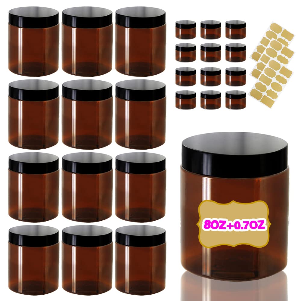 DupakSYS 8oz 250ml Amber Plastic Jars with Lids 8oz + 20g Sample Pots (Set of 24) Airtight Storage Jars for Kitchen, Spice, Cream, Cosmetic, DIY Crafts, Slime + Free Labels & Spatulas