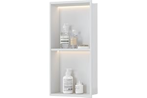 Qeke Stainless Steel Shower Niche 12" X 24", 2-Tiers No Tile Needed Wall Niche with Non Dimmable Led Light, Recessed Shower Shelf Lighting for Bathroom Storage Over Mount Installation, Matte White