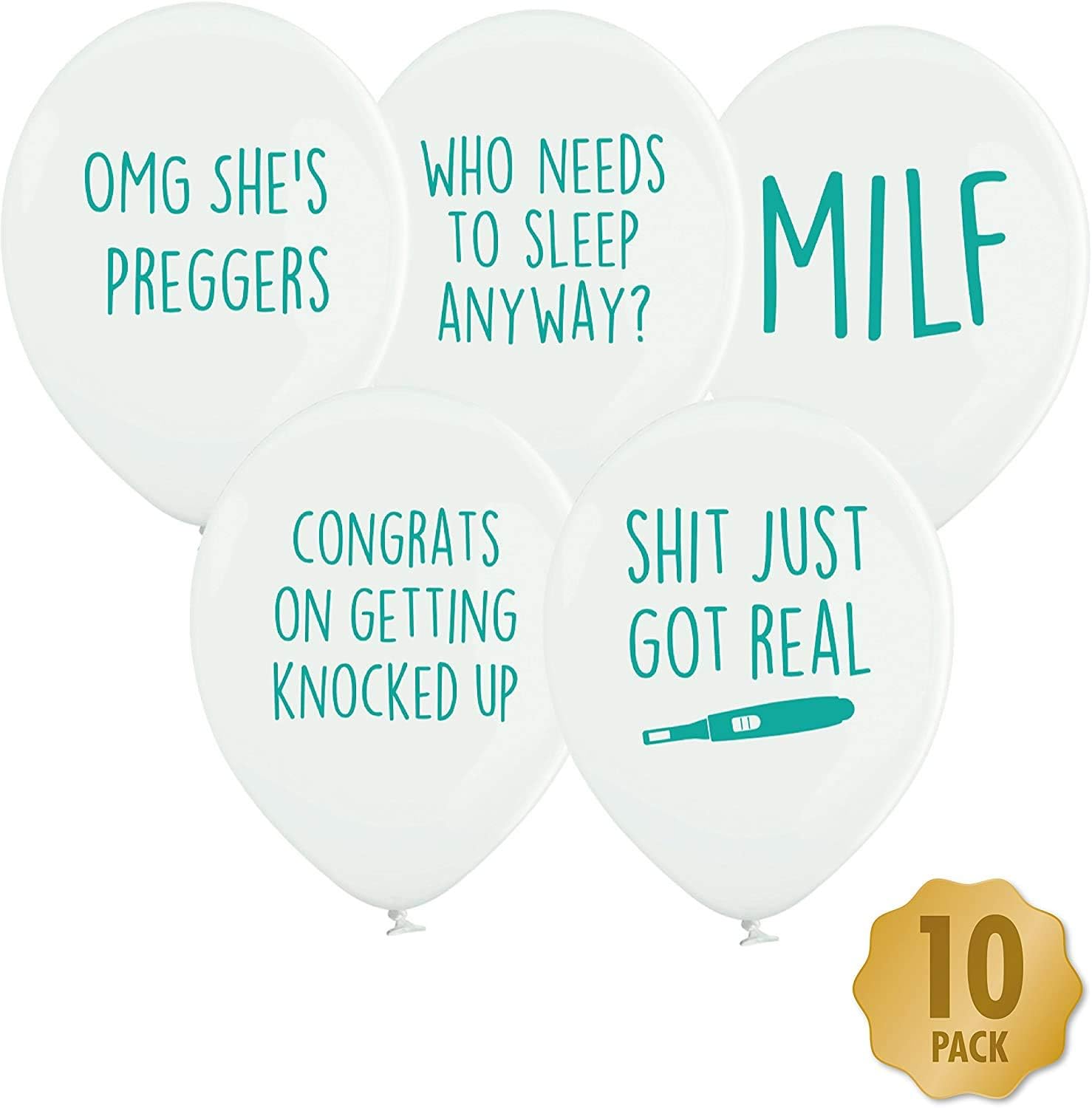 Baby Shower Balloons - Pack of 10 White & Turquoise Funny Baby Shower Balloons
