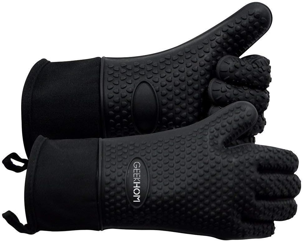GEEKHOM Silicone Oven Gloves Heat Resistant 230C Non-Slip Fingers Black