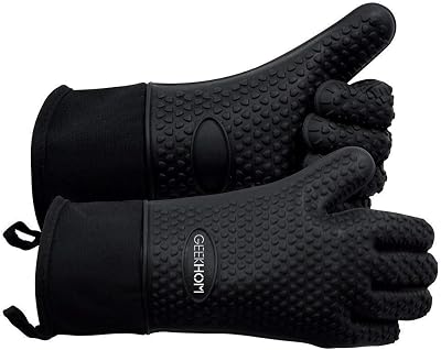 GEEKHOM Silicone Oven Gloves Heat Resistant 230C Non-Slip Fingers Black