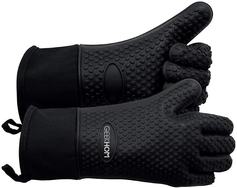 GEEKHOM Silicone Oven Gloves Heat Resistant 230C Non-Slip Fingers Black