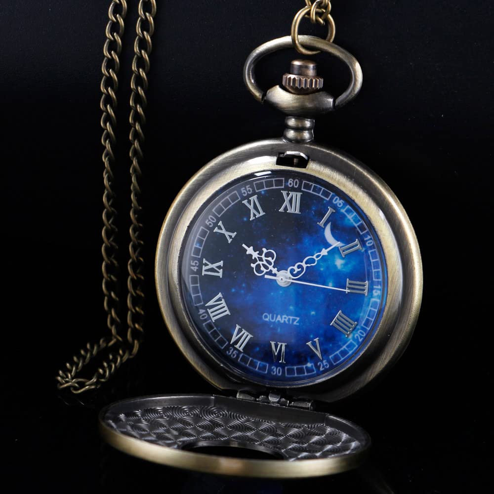 Tiong Pocket Watch Hollow Blue Star Design Roman Numerals Quartz with Chain Christmas Birthday Gifts