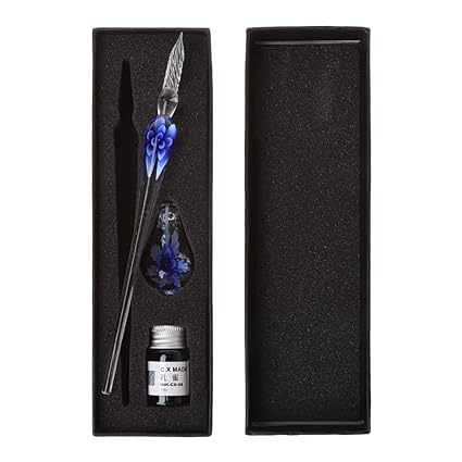 Eliky Handgemachte Kristallglas Dip Pen Glasfüller Glas Dip Pen zum Schreiben Füllfederhalter Set Geschenk (A) (Dunkelblau)