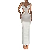 OYOANGLE Women's Crochet Knit Cami Maxi Dress Spaghetti Strap Cut Out Backless Bodycon Beach Dresses