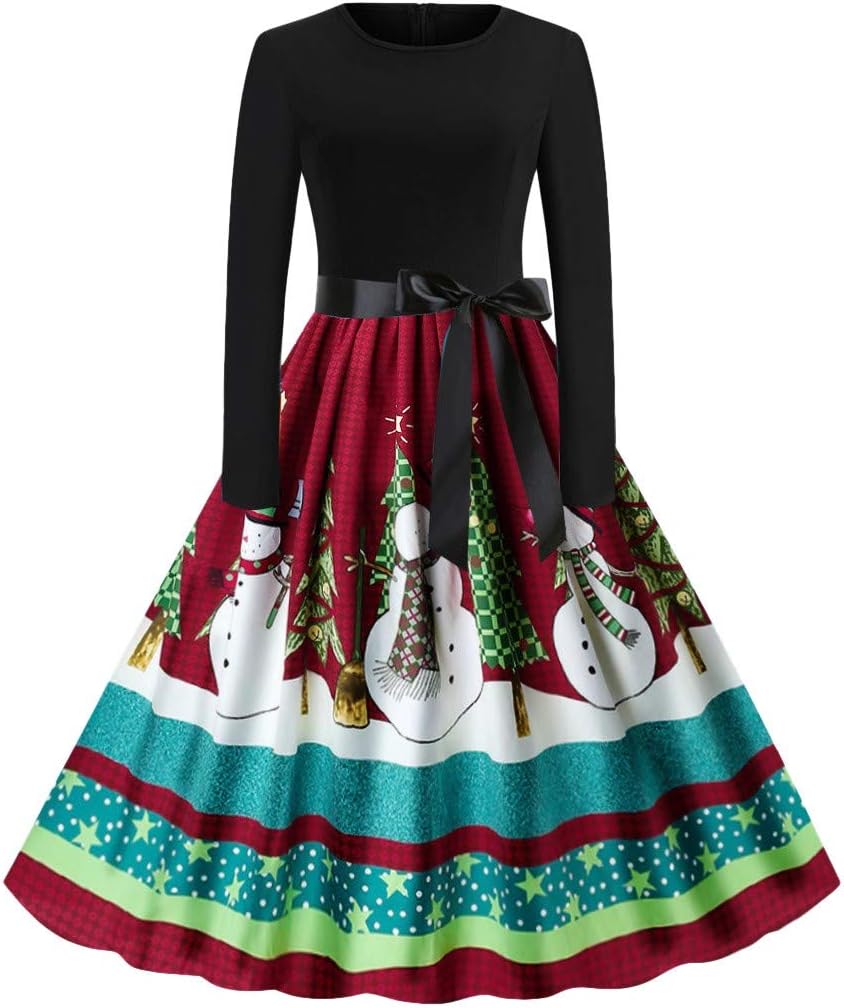 NEEDRA Women's Retro O Neck Butterfly Musical Note Printed Evening Dress