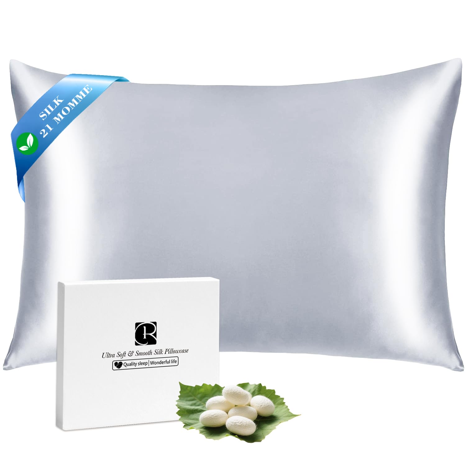 Ravmix Silk Pillowcase for Hair and Skin 21Momme Both Sides Mulberry Silk Pillow Case with Hidden Zipper, 1PCS, 50×66CM, Silver Grey — image 1