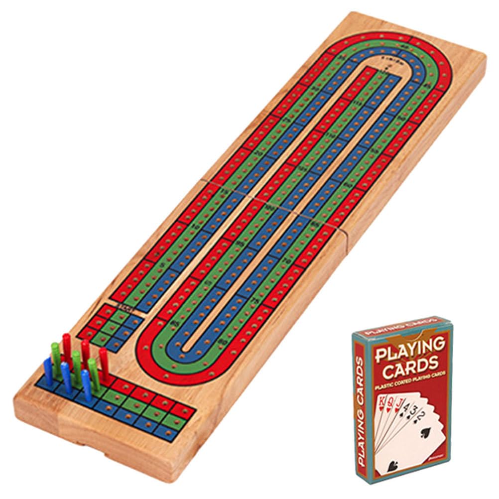 KOMBIUDA Wooden Cribbage Board Game Set with Pegs and Cards - Foldable Table Cribbage Board for 3 Players Solid Wood Card Scoring for Parties and Family Fun