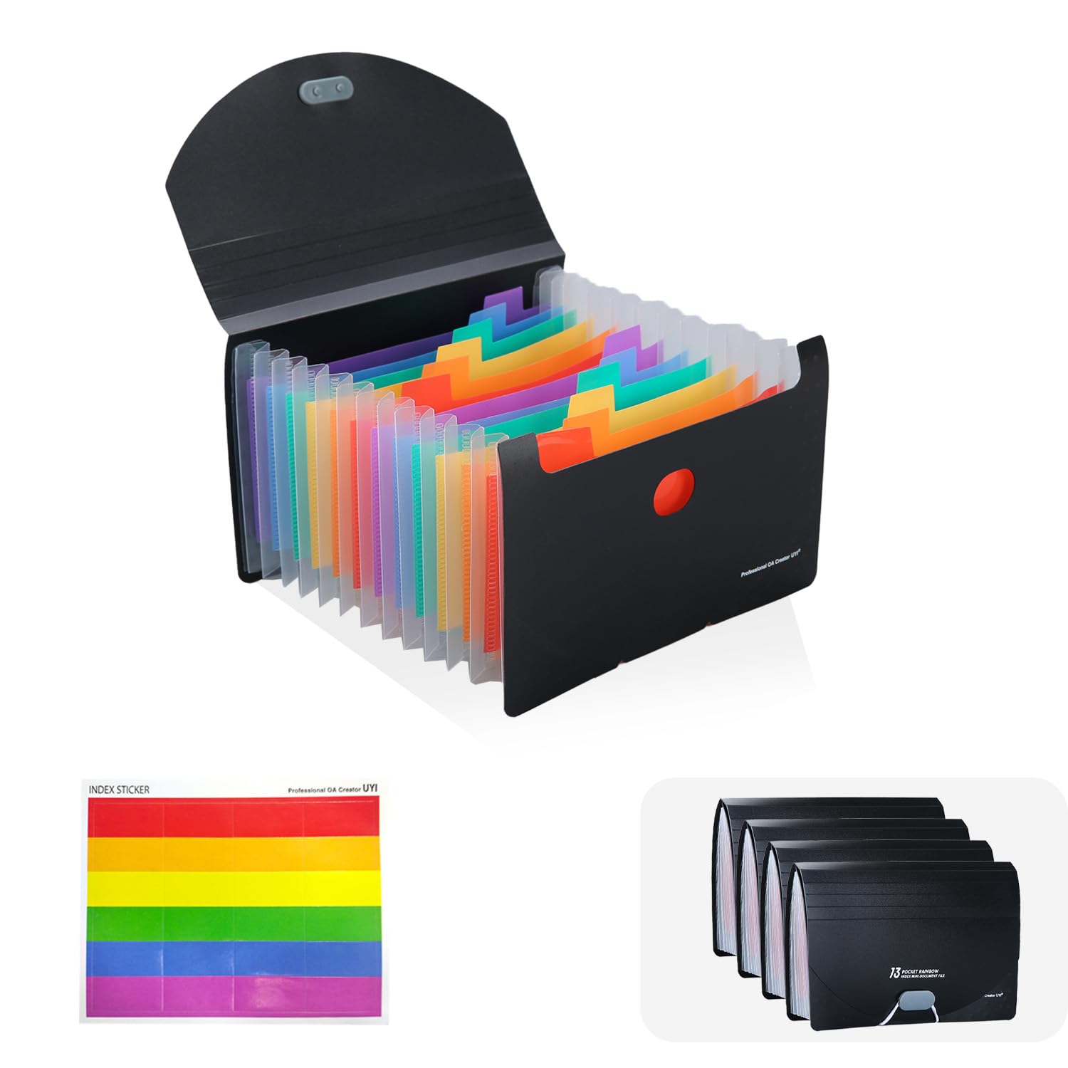 ZZMORNI A6 Size Document Folders,13 Pockets File Folder Organiser,Portable Rainbow Folder,with Coloured Label Stickers (Black x 4)