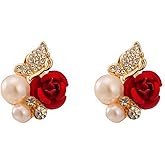 Flower Pearl Earrings - CZ Floral Pearl Stud Earrings for Women,S925 Sterling Silver Red Rose Pearl Stud Earrings Hypoallergenic,Spring Dainty Earrings Gifts for