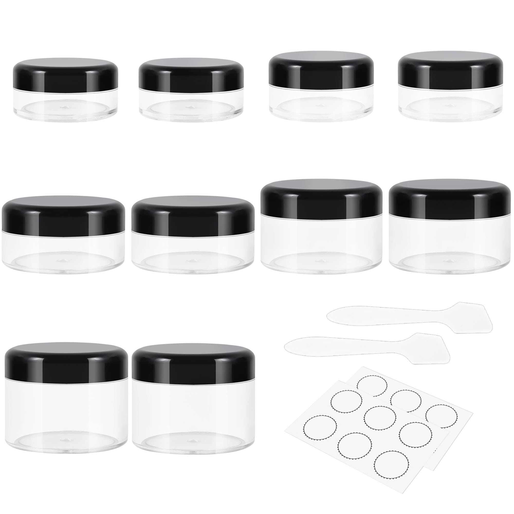 Photo 1 of 10 Pieces Small Travel Containers, 3/5/10/15/20 Gram Size for Creams, Sample With Screw Lids, 12Pcs Labels/2Pcs Mini Spatulas, Plastic Makeup (Black)