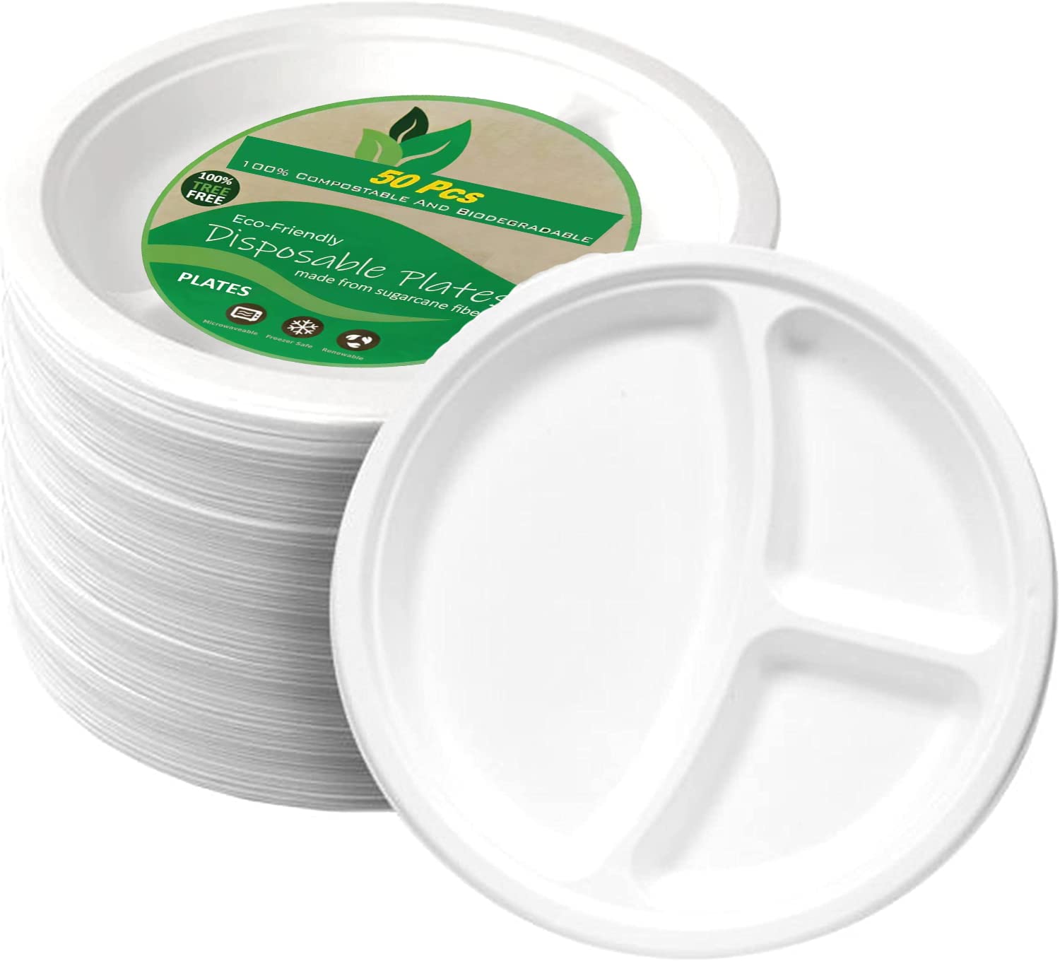 50Pack 10inch 3Compartment Disposable Plates Sugarcane Bagasse Plates - Heavy Duty, Oil and Water Resistant Microwaveable Freezer Safe and Reusable, Eco-Friendly, Biodegradable and Compostable