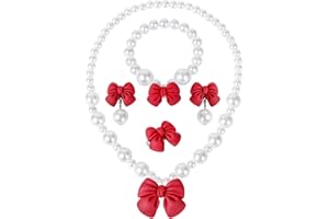 BAOBAOJOY Princess Jewelry for Little Girls, Handmade Bow Pearl Kids Jewelry Set, Stretch Necklace Bracelets Rings and Clip on Earrings, Perfect for Dress Up, Birthday Parties, and Costume Play