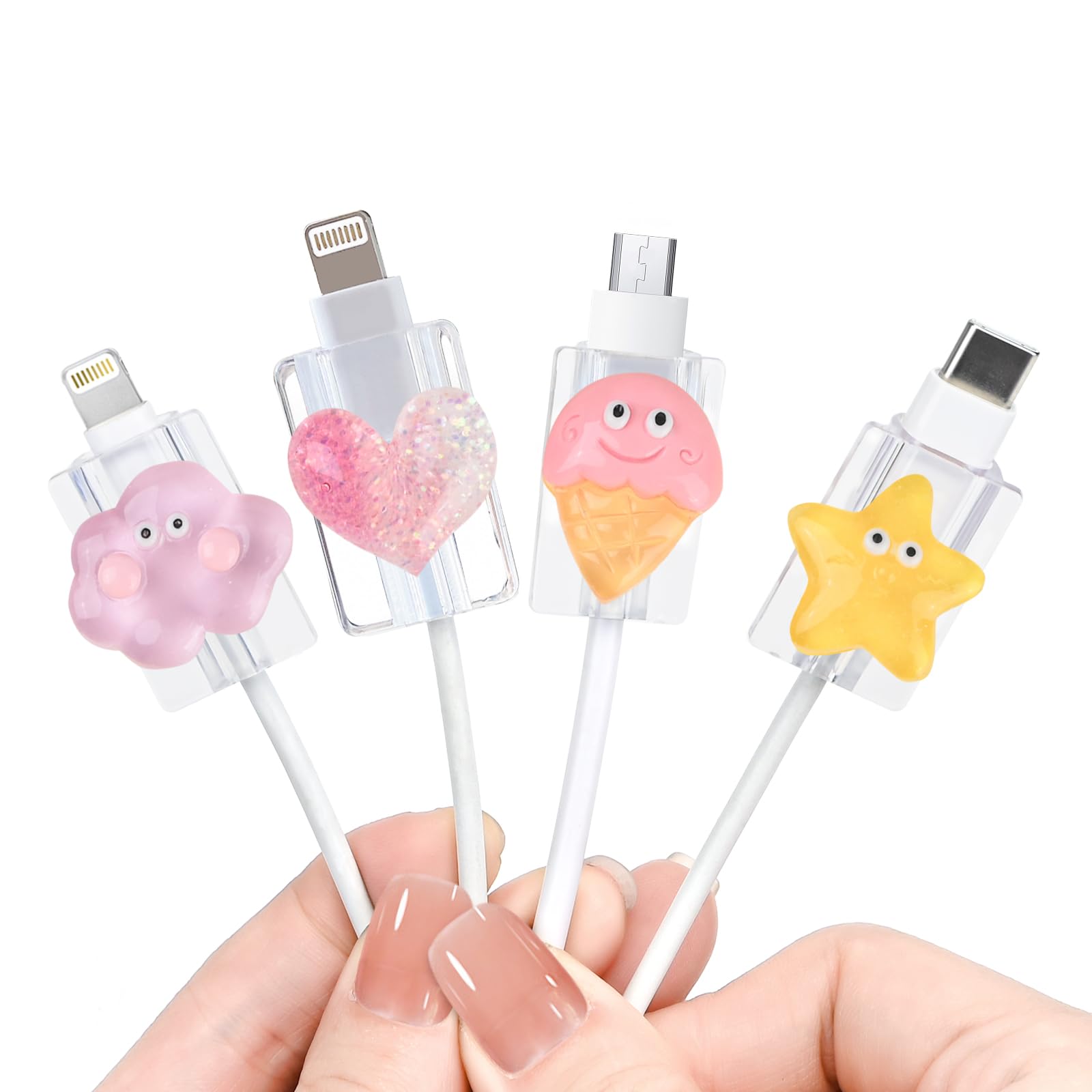 DiyGody Cute Cable Protector for iPhone Type-c Charger, 4 pcs Charging Cord Protector Anti-Break 3D Love Heart Cloud Star Ice Cream Design,Cord Cover, Cable Sleeve, Cable Chomper