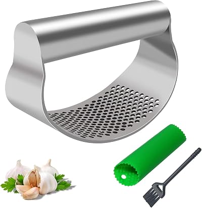 Sinnsally Garlic Press Stainless Steel Crusher Ginger Mincer with Peeler Kit